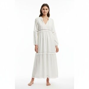 Line and Dot Maxi Dress Womens Size S White Tiered Fringe Bohemian Chic EUC